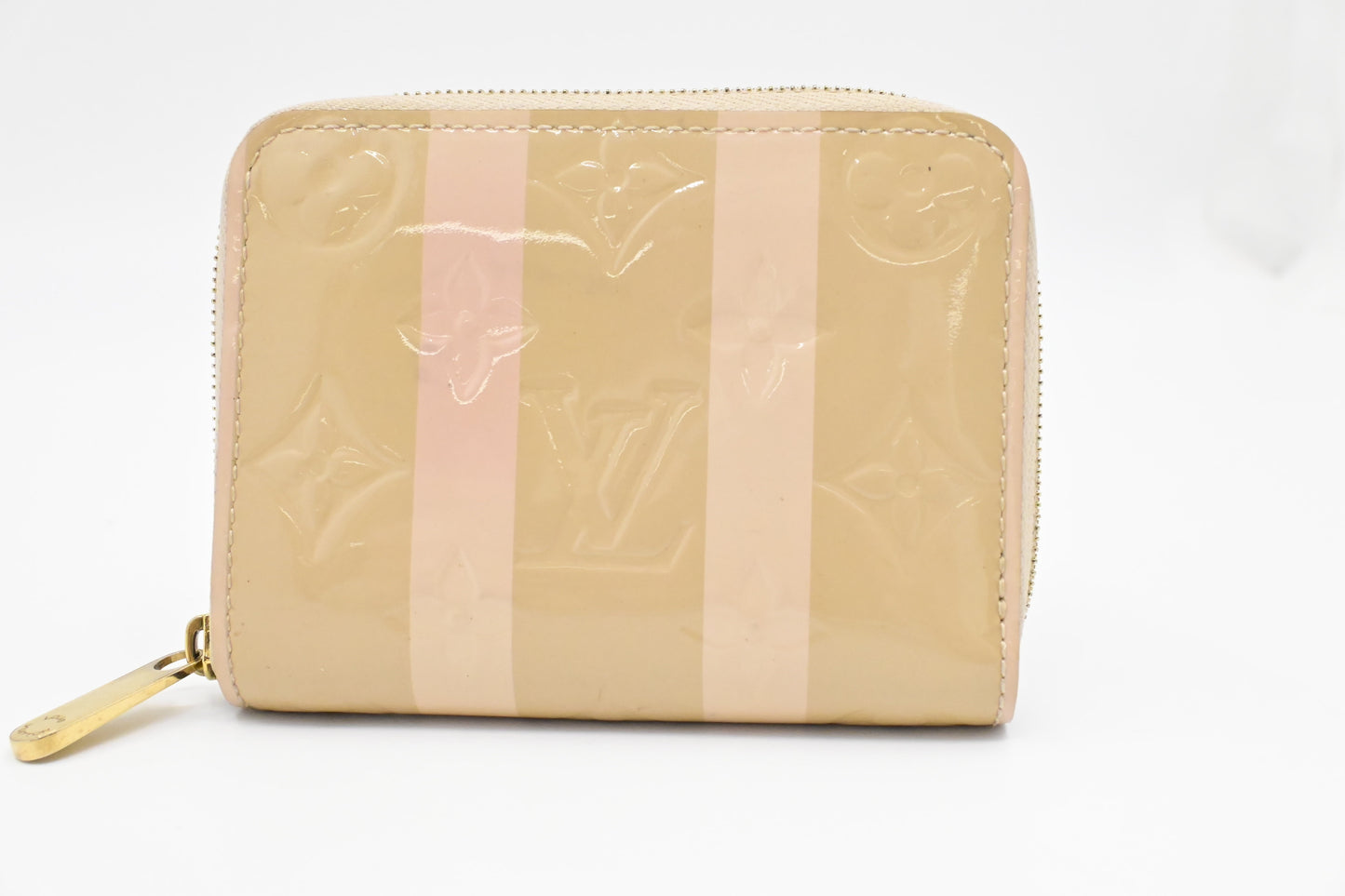 Louis Vuitton Compact Zippy Rayures Vernis Leather Pink Beige Wallet Case