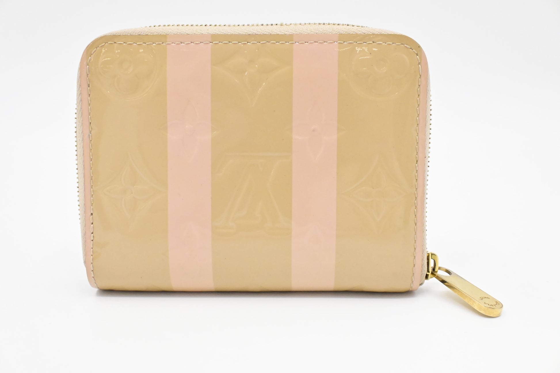 Louis Vuitton Compact Zippy Rayures Vernis Leather Pink Beige Wallet Case