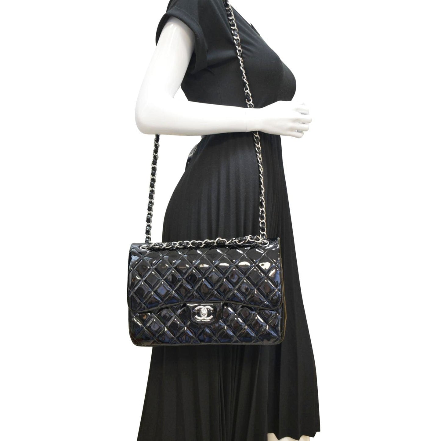 Chanel Jumbo Flap Quilted Patent Leather Black Travel Bag