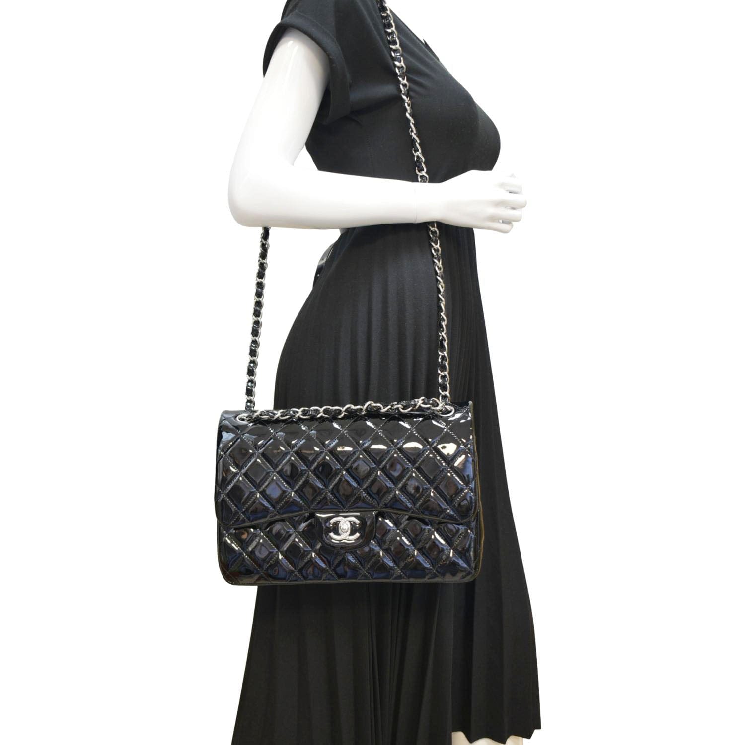 Chanel Jumbo Flap Quilted Patent Leather Black Travel Bag