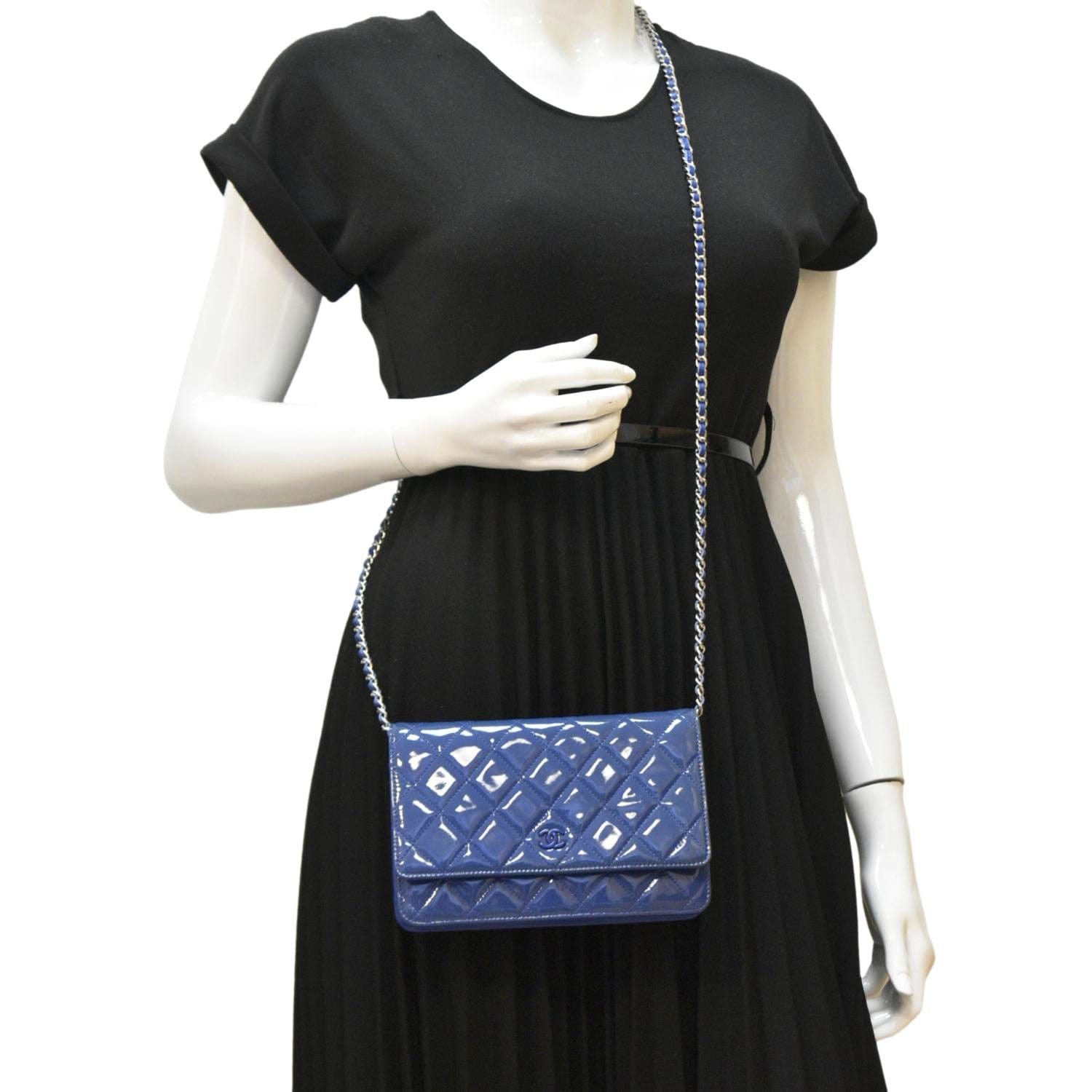 Chanel WOC Quilted Patent Leather Blue Travel Bag