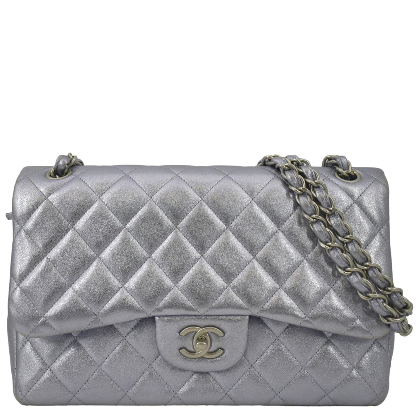 Chanel Jumbo Flap Quilted Leather Shoulder Bag Silver