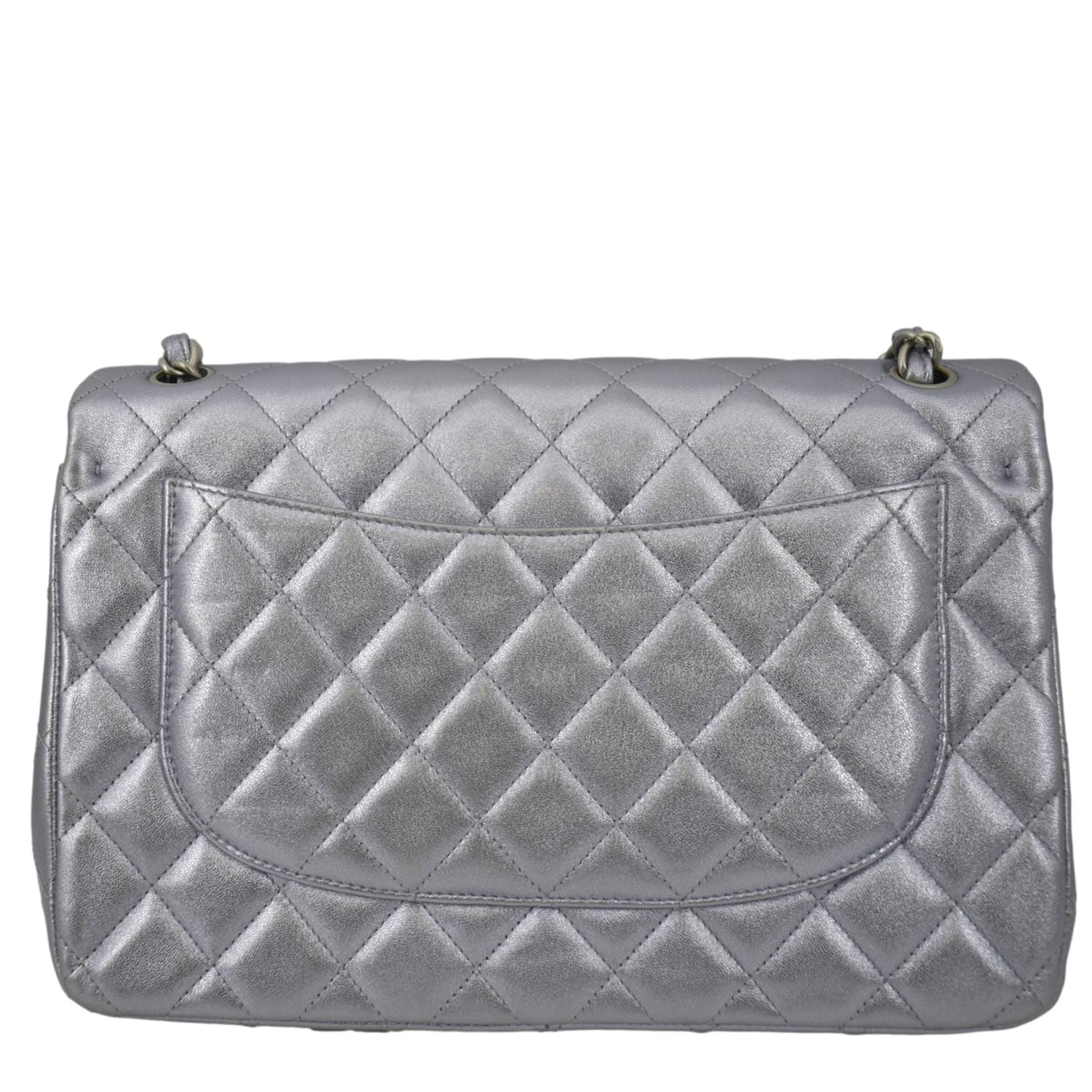 Chanel Jumbo Flap Quilted Leather Shoulder Bag Silver