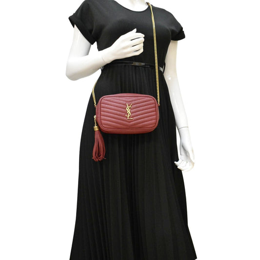 YSL Saint Laurent Yves Lou Chevron Camera Crossbody Bag Leather Red