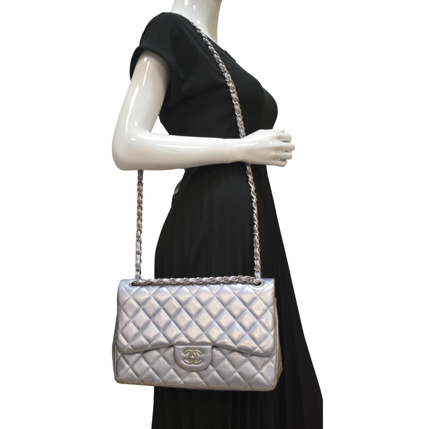 Chanel Jumbo Flap Quilted Leather Shoulder Bag Silver