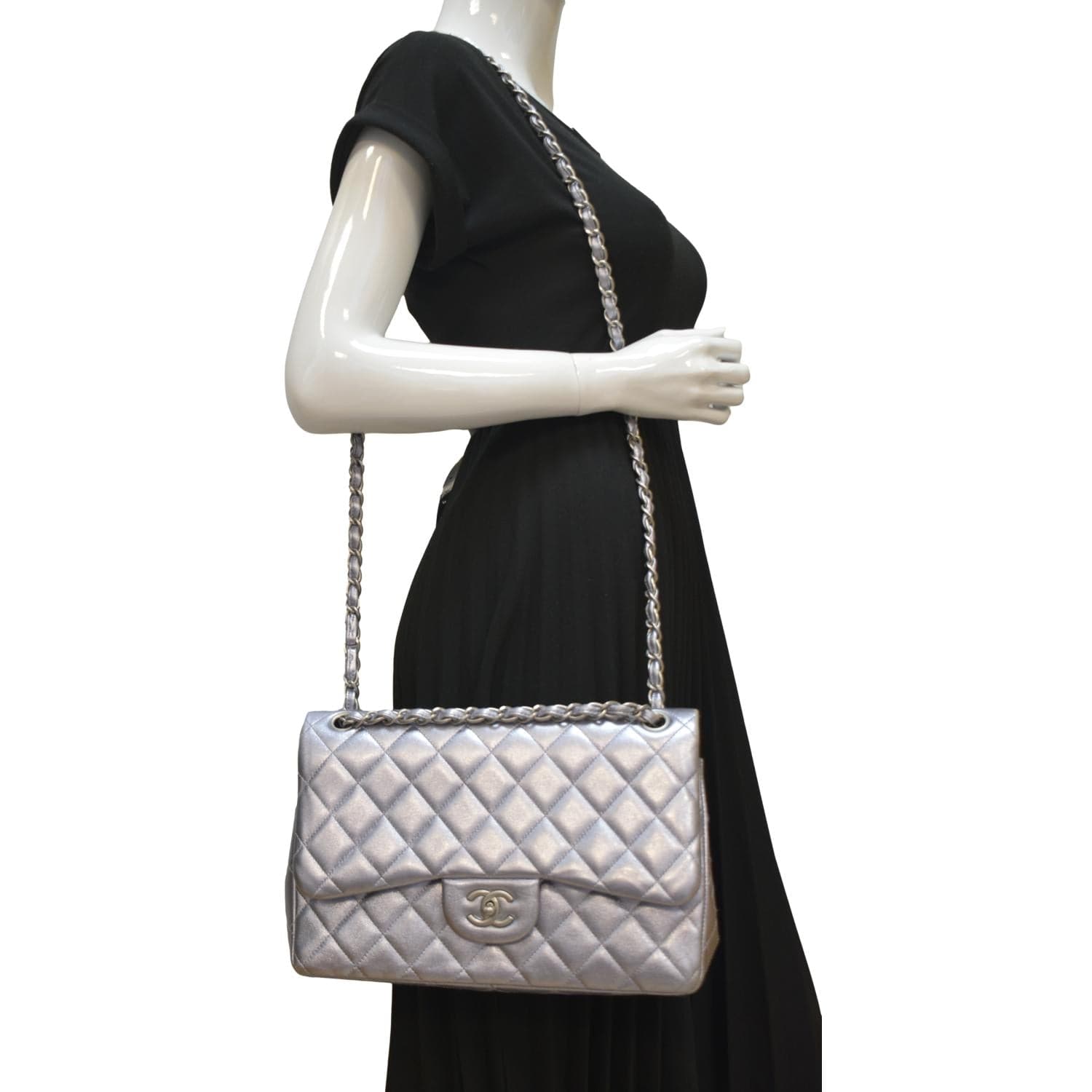 Chanel Jumbo Flap Quilted Leather Shoulder Bag Silver