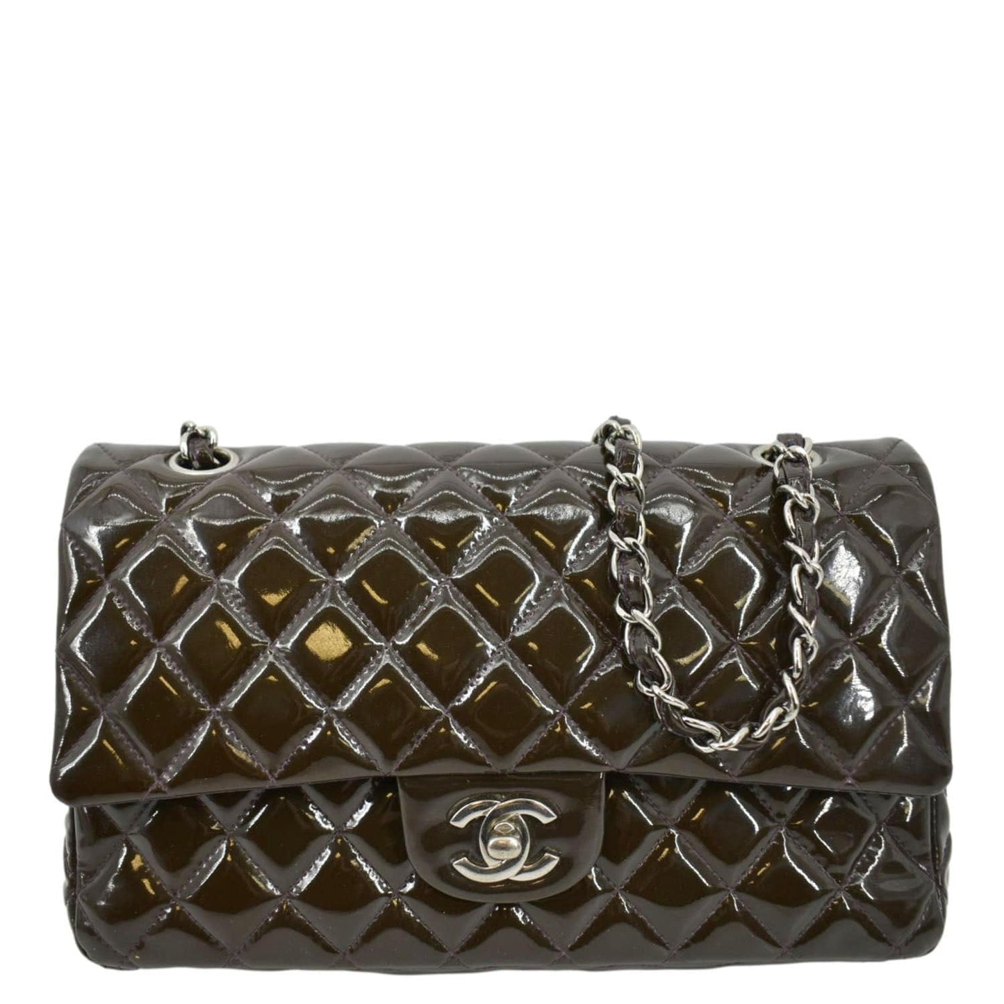 Chanel Classic Double Flap Patent Dark Leather Brown Red Travel Bag