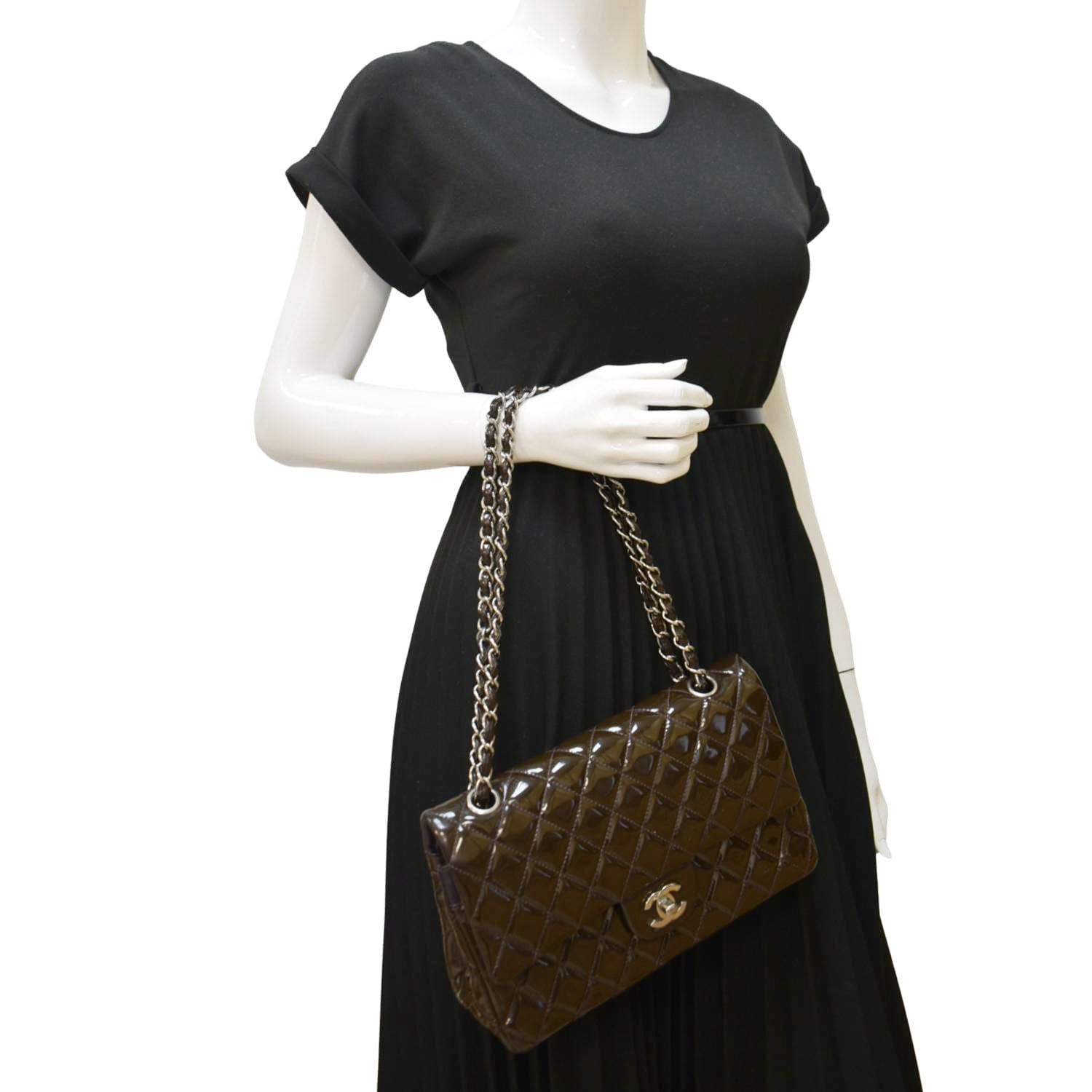 Chanel Classic Double Flap Patent Dark Leather Brown Red Travel Bag