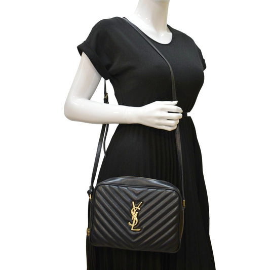 YSL Saint Laurent Yves Lou Chevron Camera Crossbody Bag Leather Black Camera Black Bag