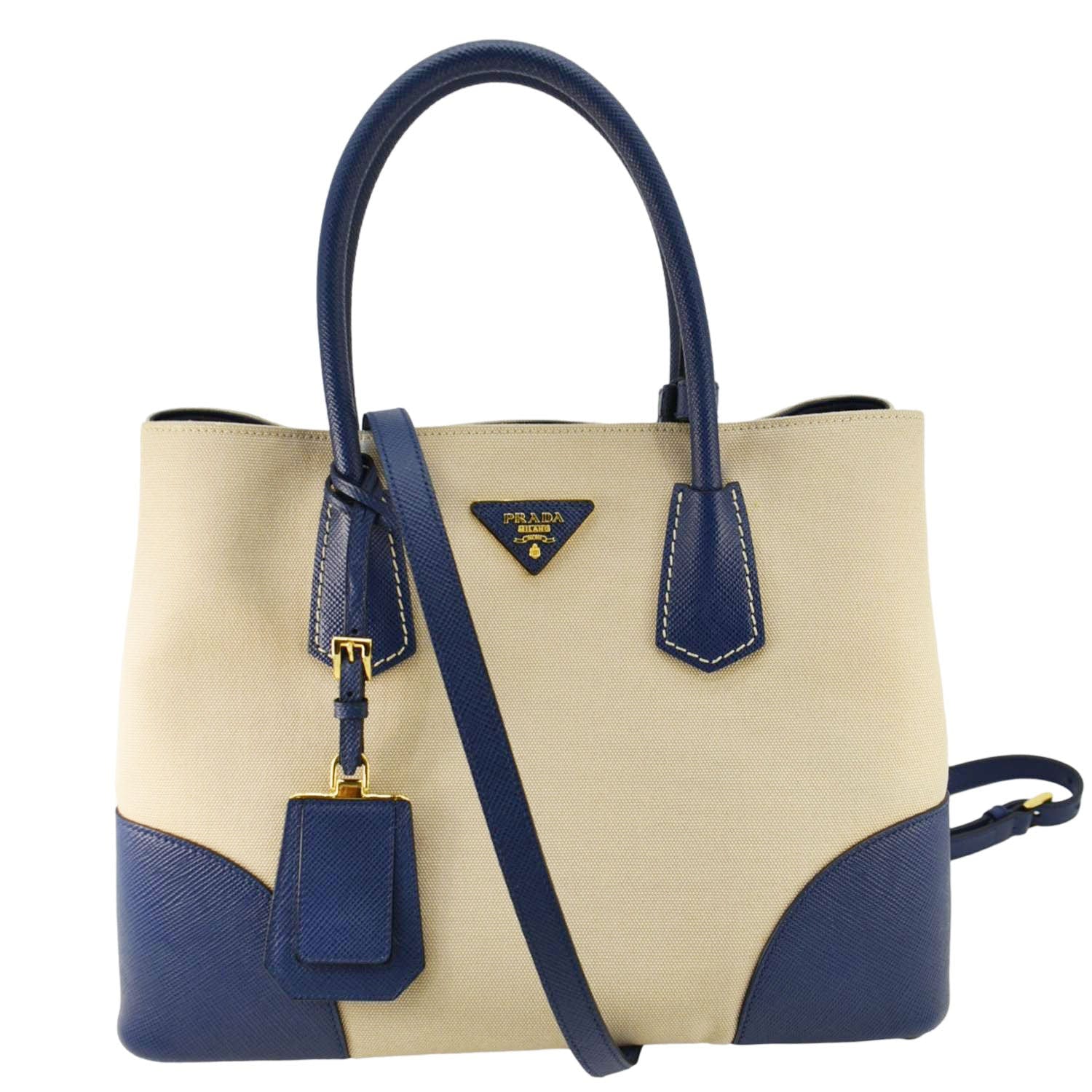 Prada Double Handle Tote Shoulder Bag Canvas Beige