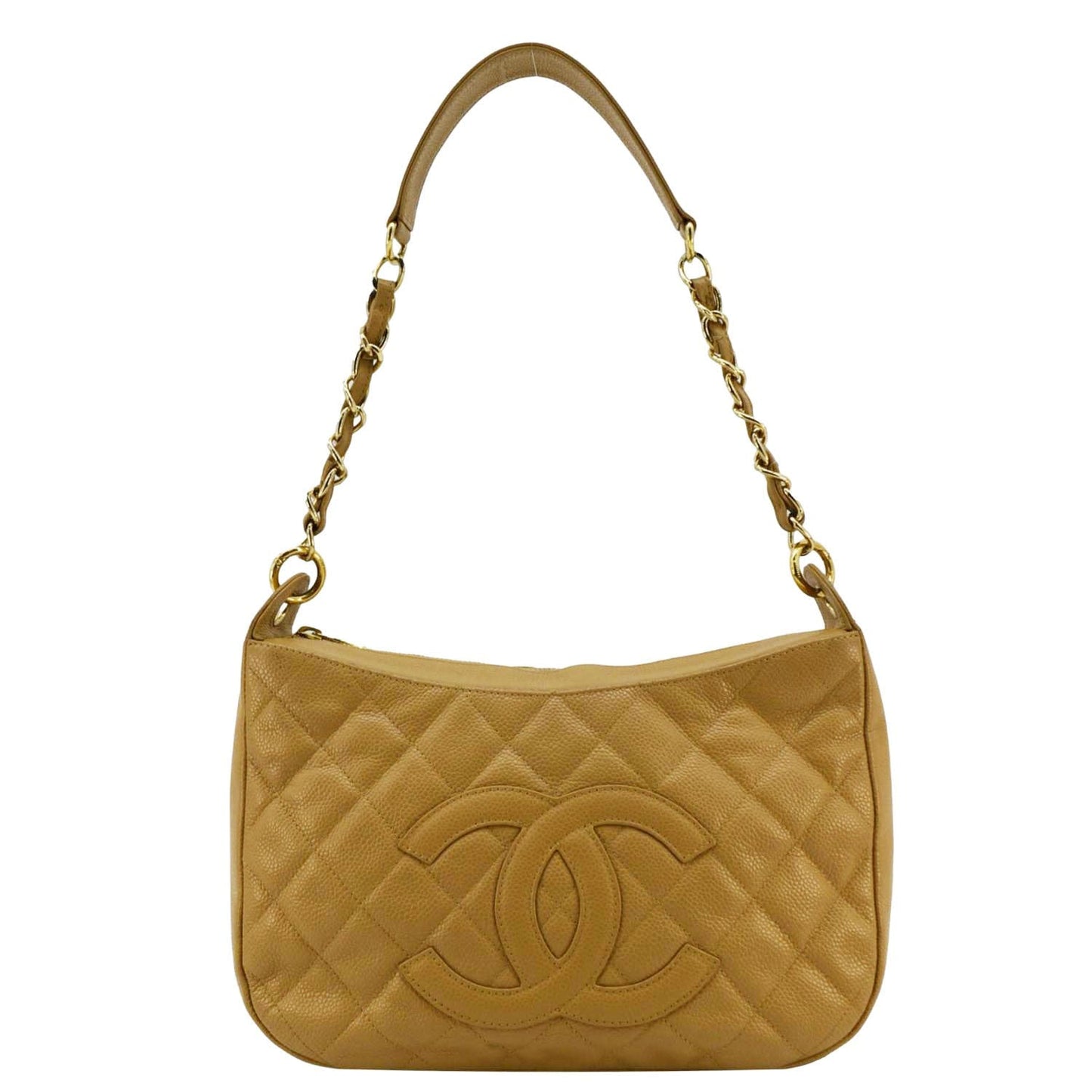 Chanel Half Moon Quilted Caviar Hobo Leather Beige Travel Bag
