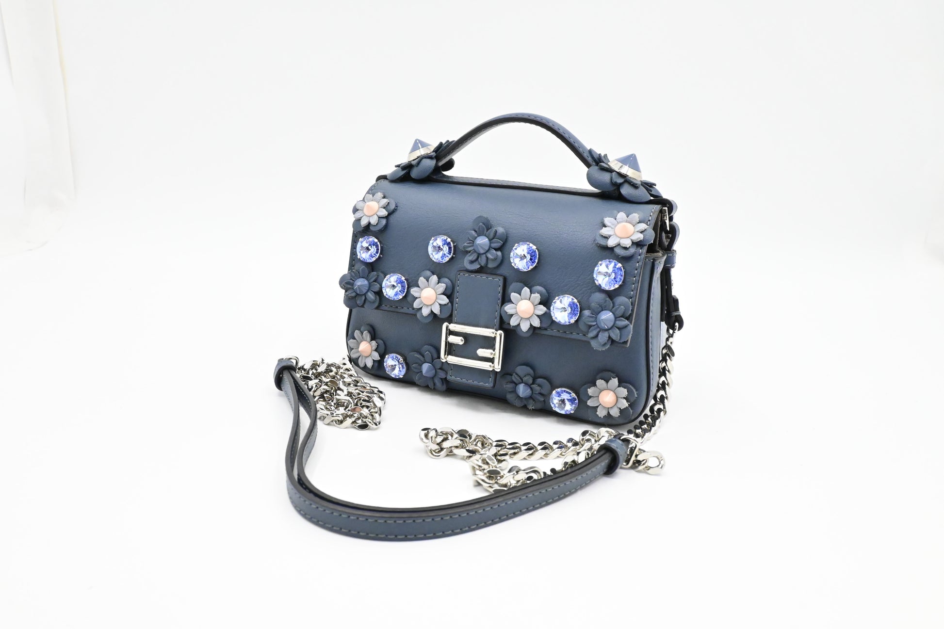 Fendi Flowerland Double Baguette In Handbag Leather Blue Micro Shoulder Bag