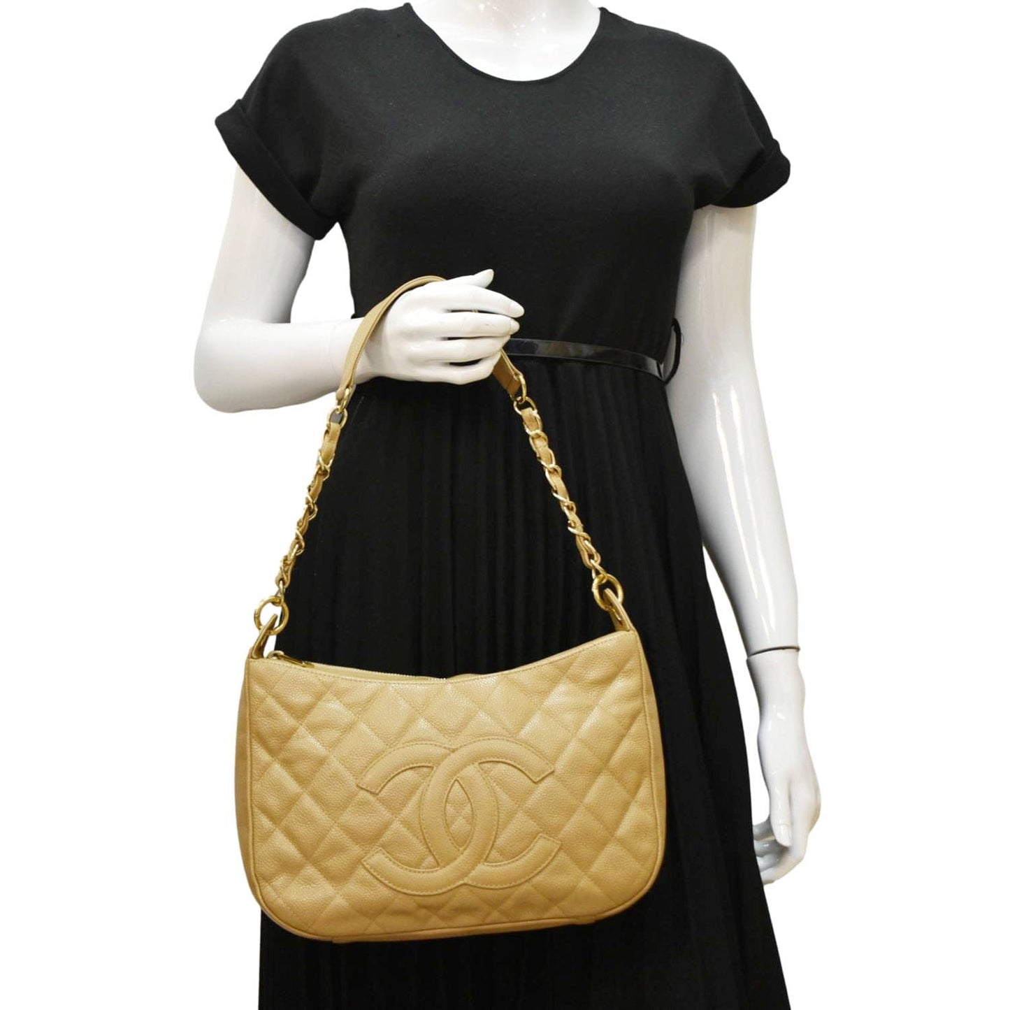 Chanel Half Moon Quilted Caviar Hobo Leather Beige Travel Bag