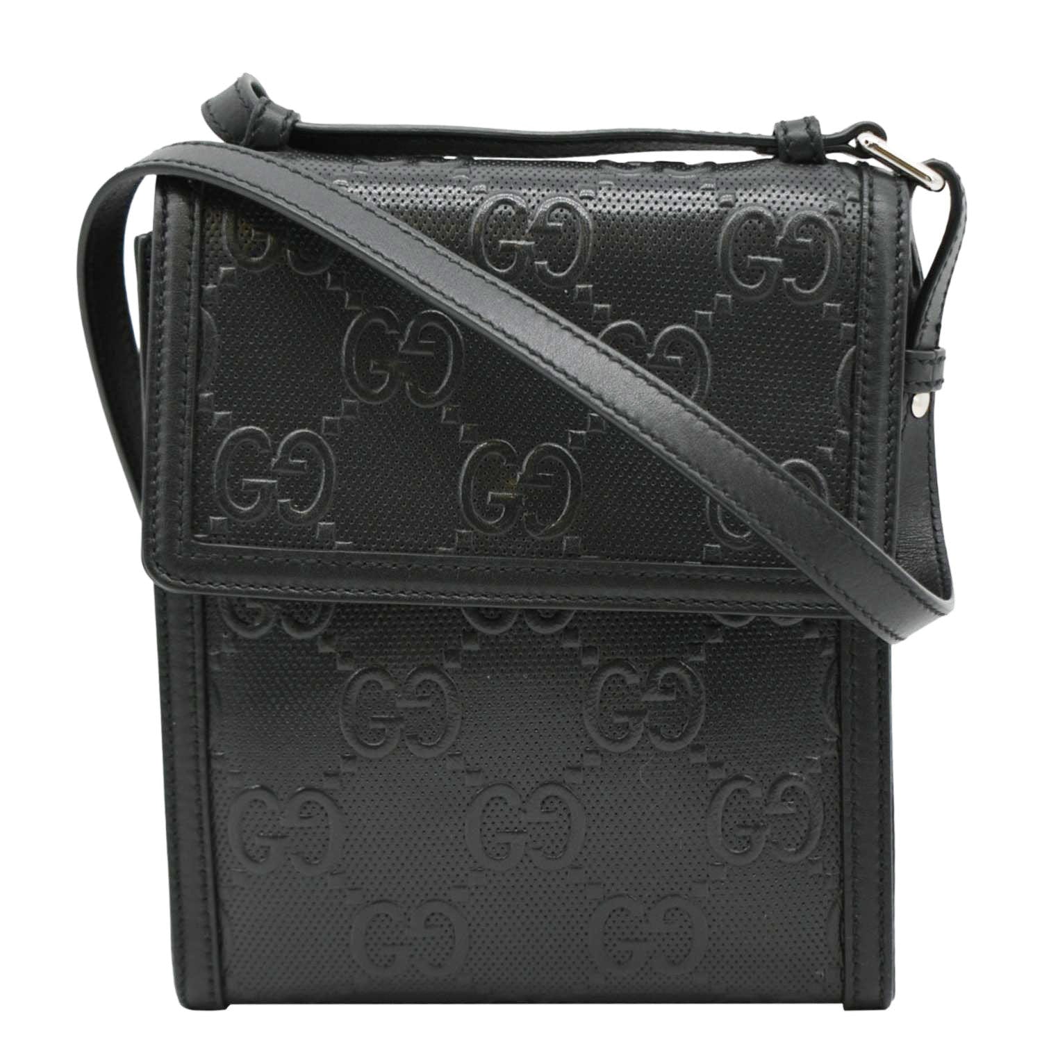 Gucci Embossed Messenger Bag Leather Black Crossbody Bag