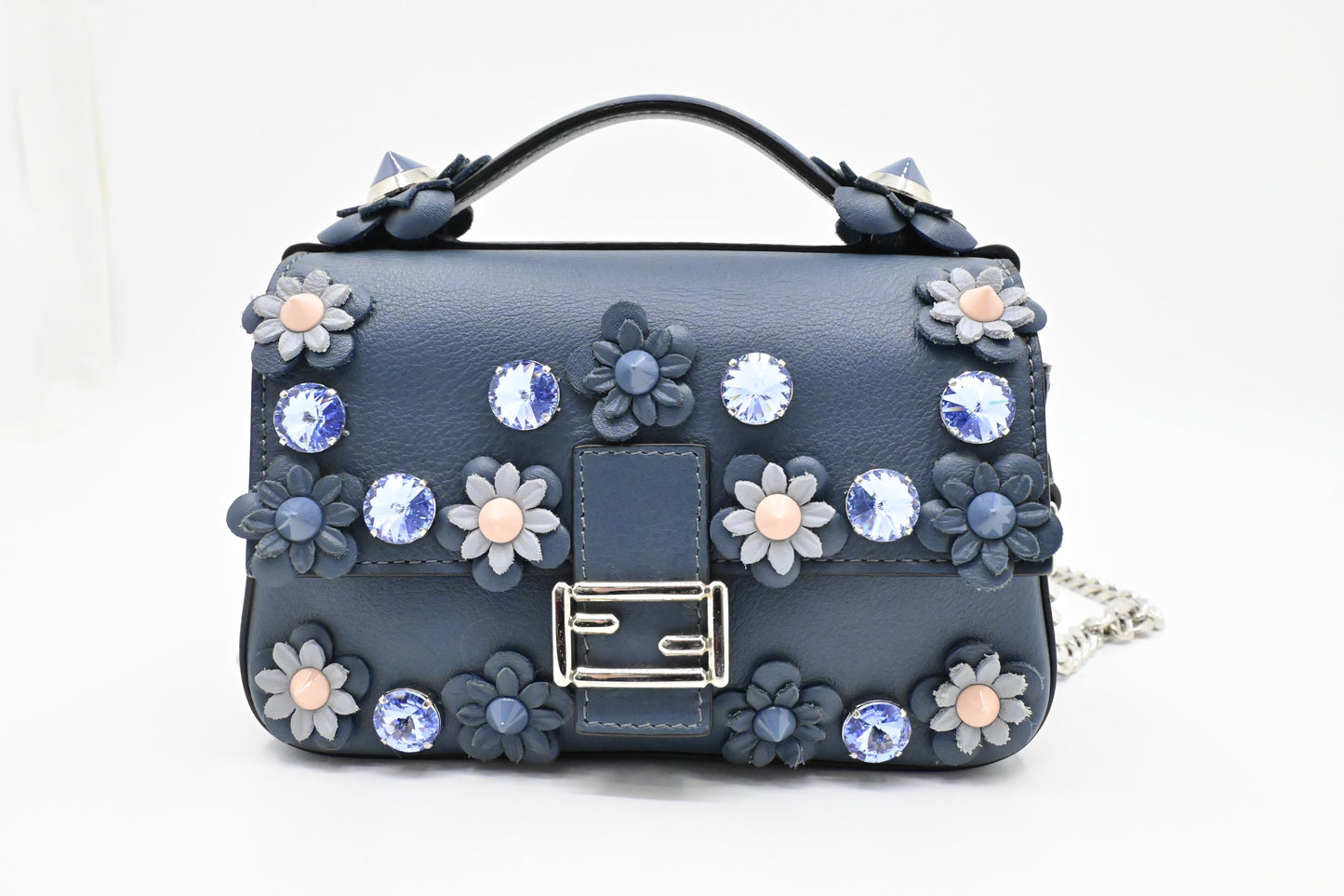 Fendi Flowerland Double Baguette In Handbag Leather Blue Micro Shoulder Bag