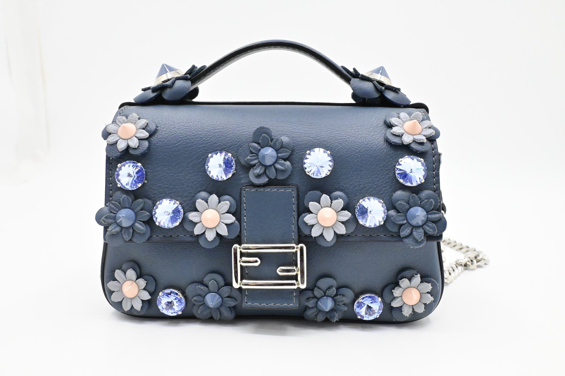 Fendi Flowerland Double Baguette In Handbag Leather Blue Micro Shoulder Bag