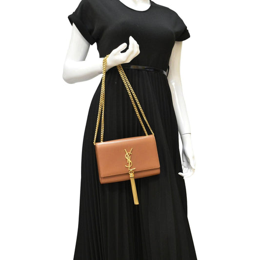 YSL Saint Laurent Yves Kate Clutch Crossbody Bag Leather Tan Chain Clutch Bag