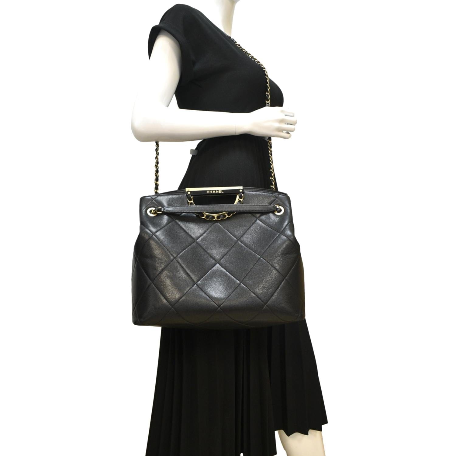 Chanel A Real Catch Quilted Shopping Leather Black Travel Bag