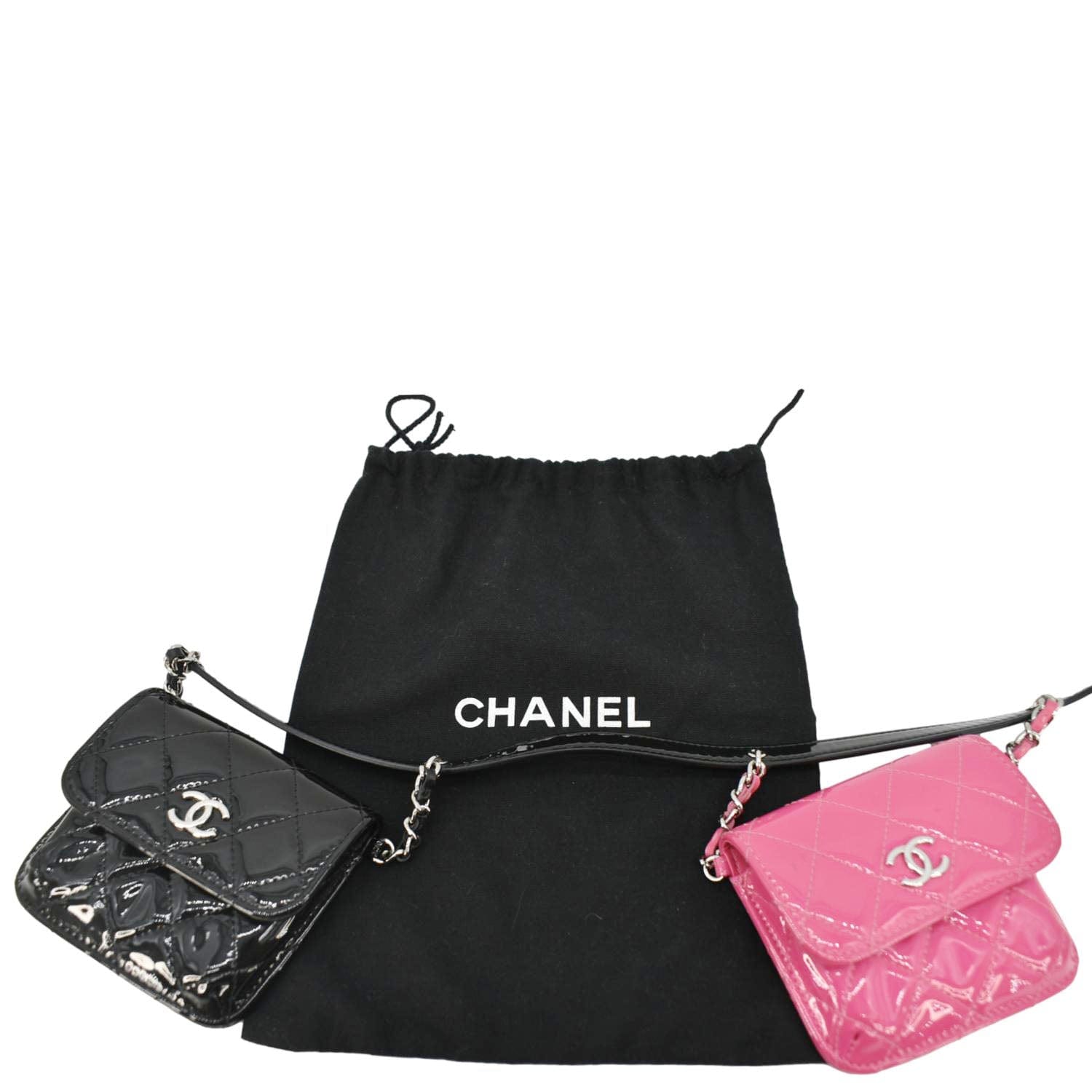 Chanel CC Double Mini Flap Patent Quilted Leather Chain Waist Bag Black Pink