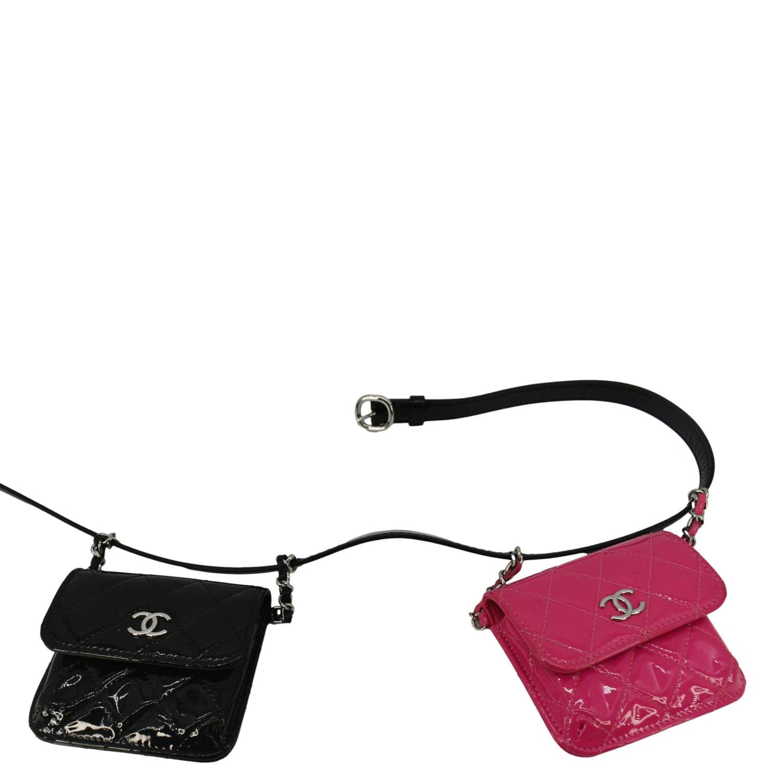 Chanel Cc Double Mini Flap Patent Quilted Leather Chain Waist Bag Black Pink