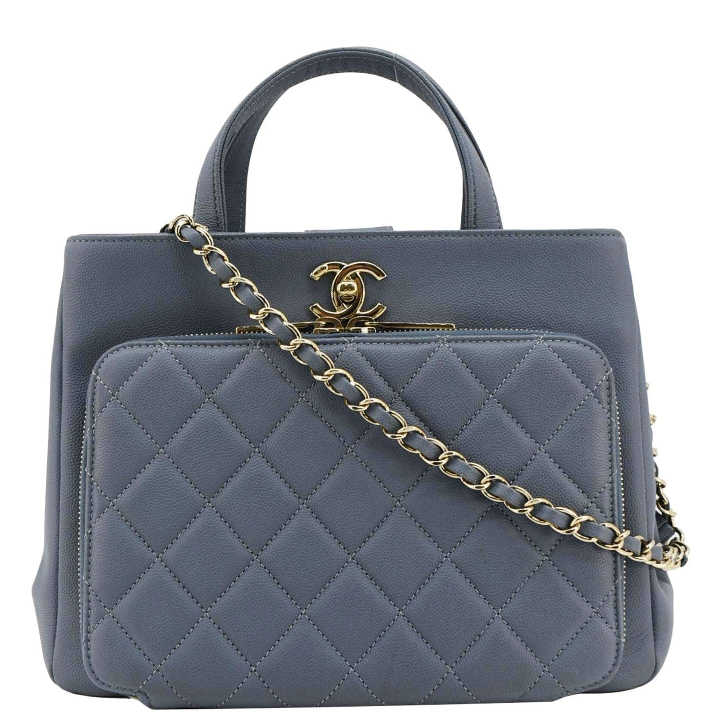 Chanel Business Affinity Quilted Caviar Shopping Leather Blue Travel Bag