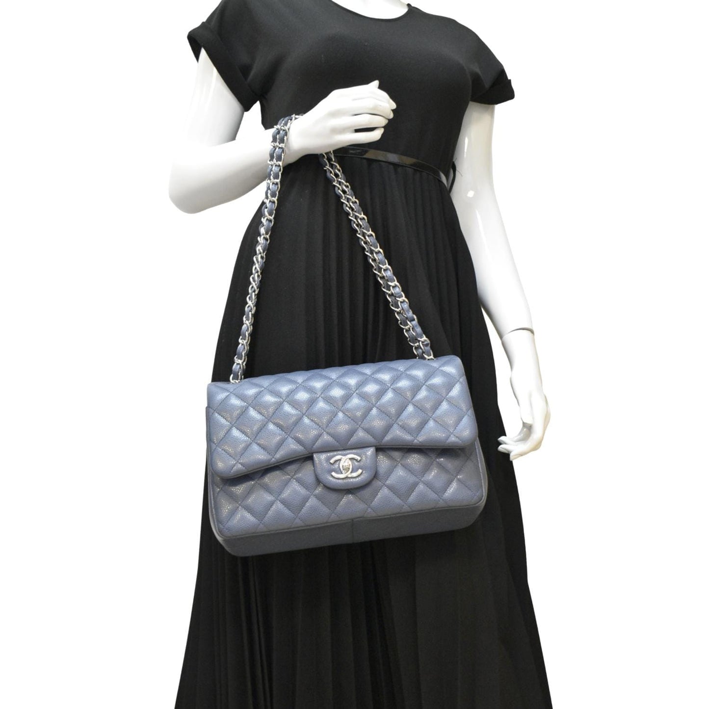 Chanel Classic Jumbo Double Flap Quilted Leather Blue Travel Bag