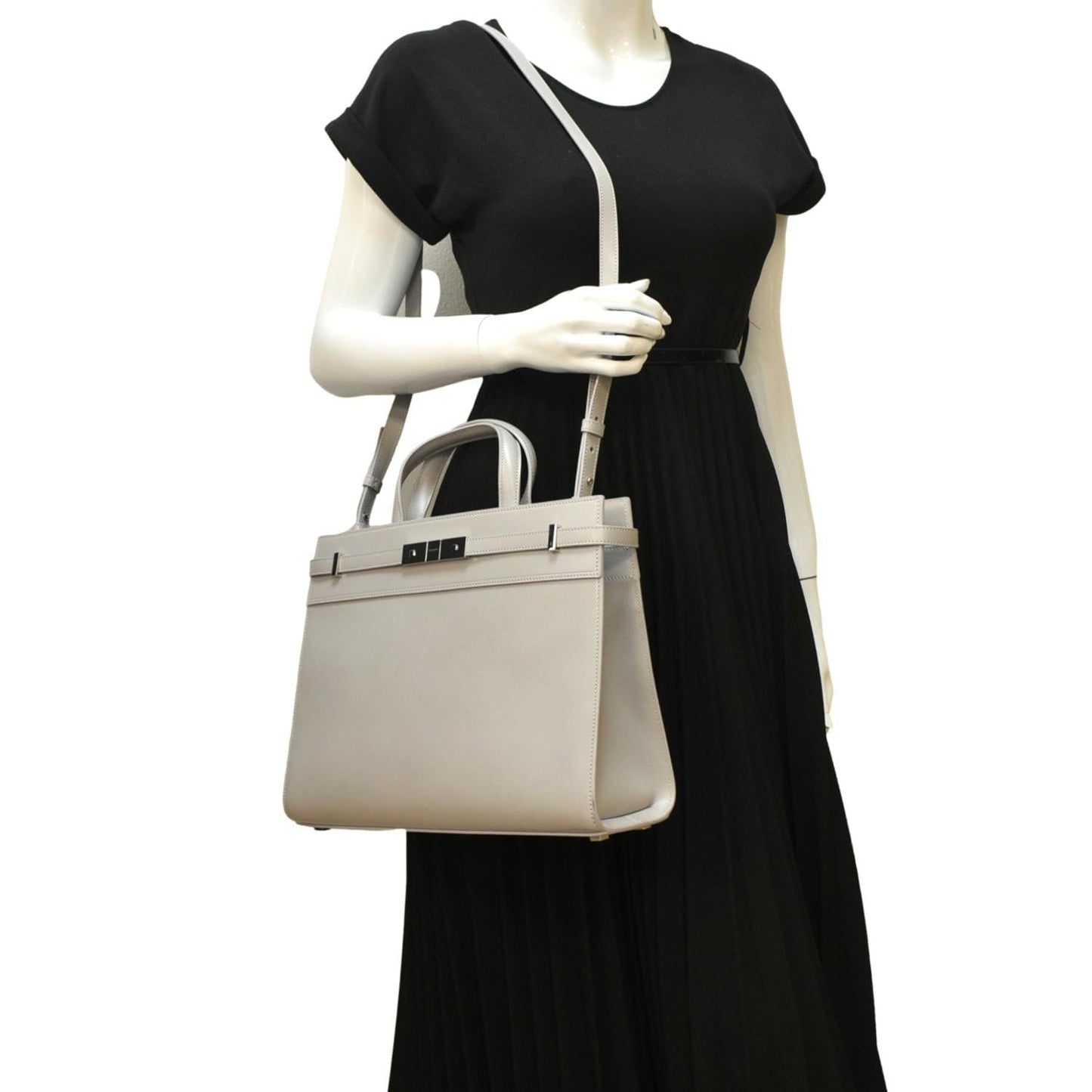 YSL Saint Laurent Yves Manhattan Shopper Tote Bag Grey Leather Gray Small Shoulder Bag