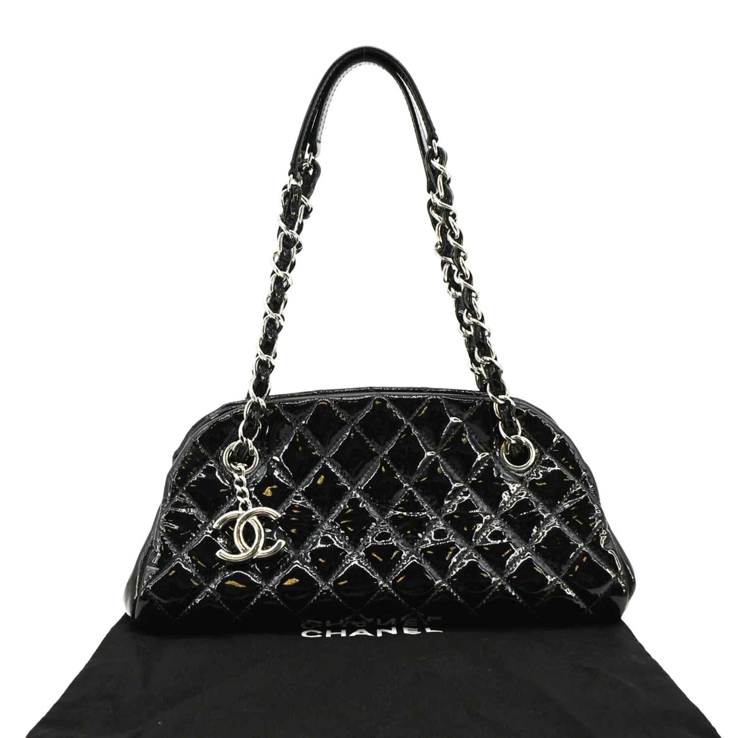 Chanel Just Mademoiselle Bowling Quilted Patent Leather Black Travel Bag