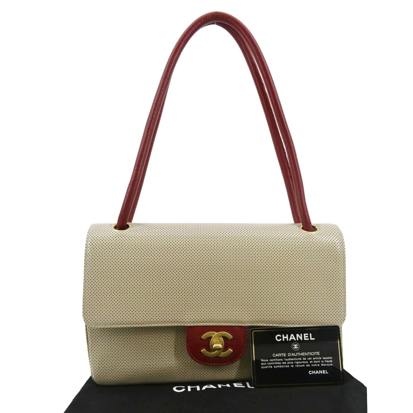 Chanel Flap Perforated Top Handle Leather Beige Travel Bag