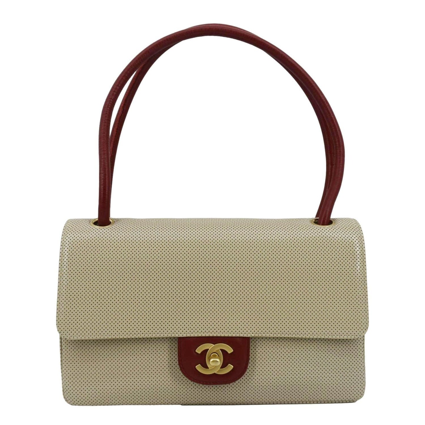 Chanel Flap Perforated Top Handle Leather Beige Travel Bag