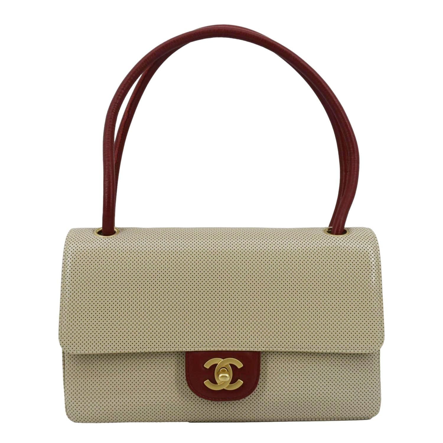 Chanel Flap Perforated Top Handle Leather Beige Travel Bag