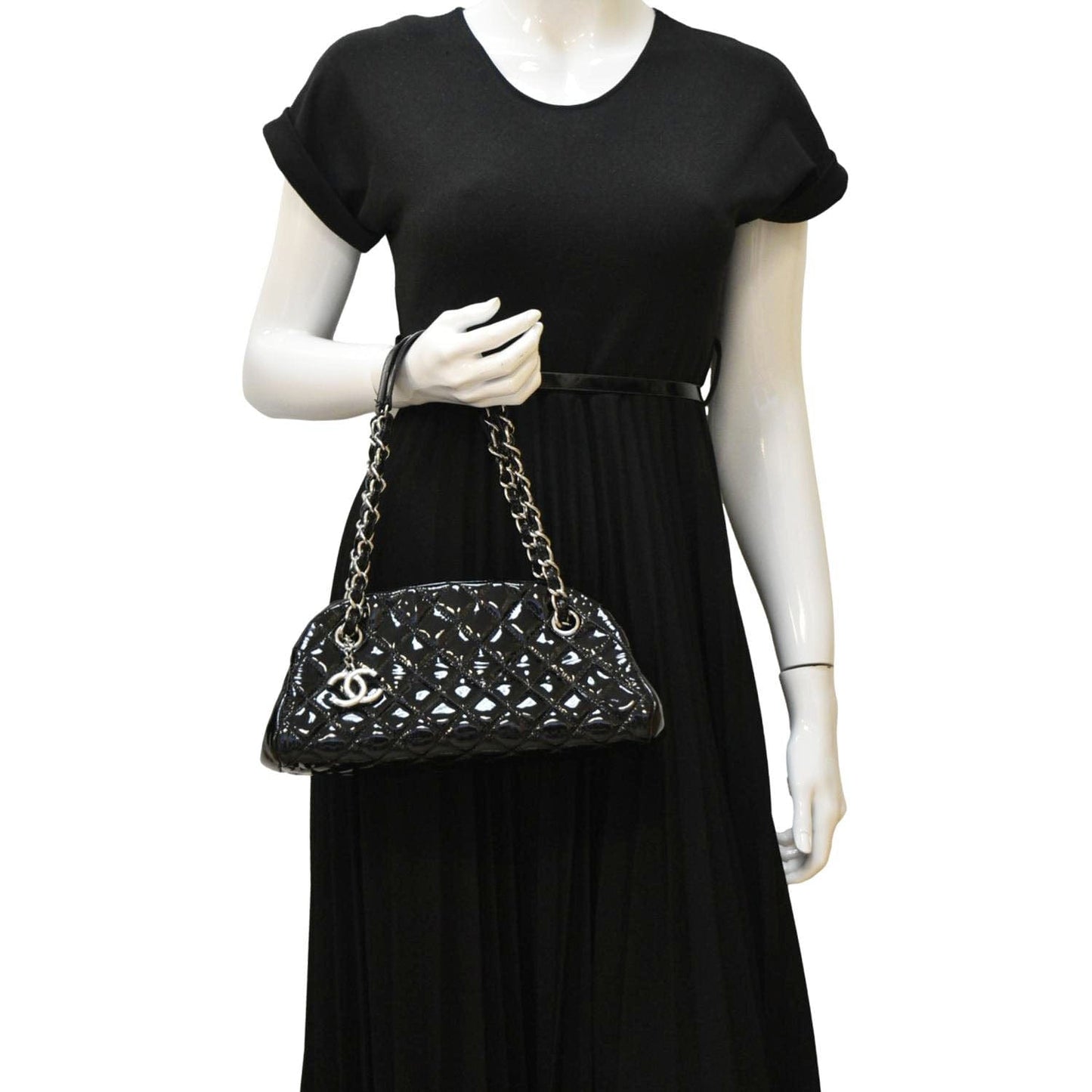 Chanel Just Mademoiselle Bowling Quilted Patent Leather Black Travel Bag