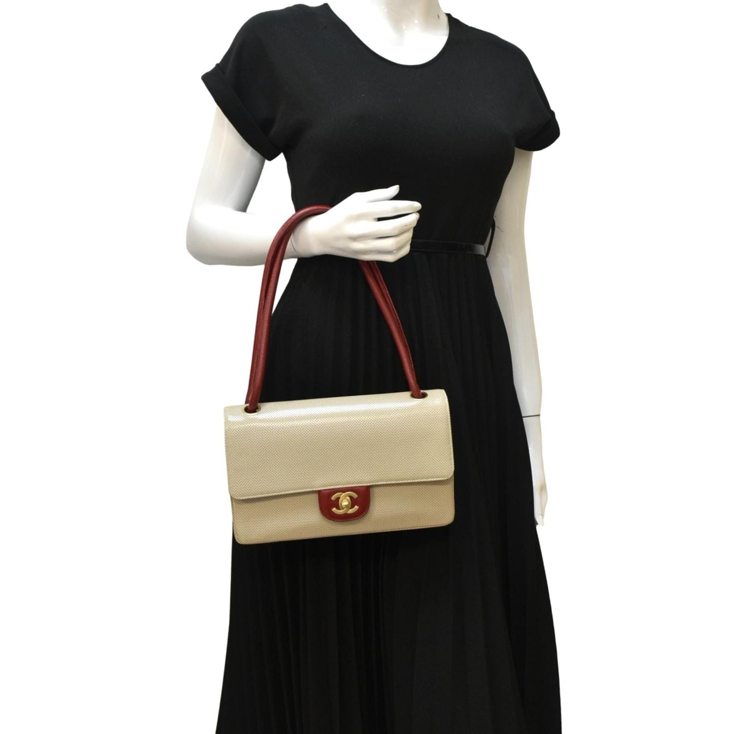 Chanel Flap Perforated Top Handle Leather Beige Travel Bag
