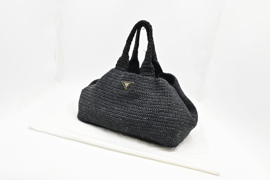Prada Canapa Tote In Handbag Raffia Black Tote Bag