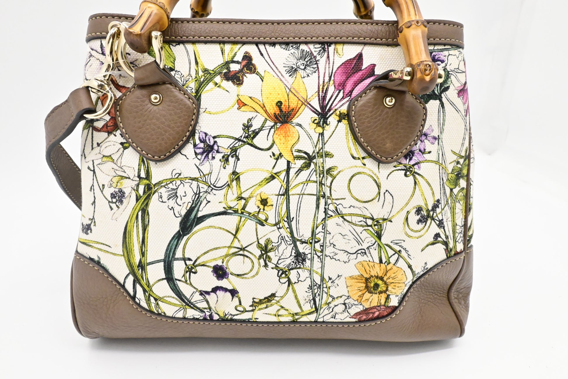 Gucci Bamboo 2way Flora Canvas White Travel Bag