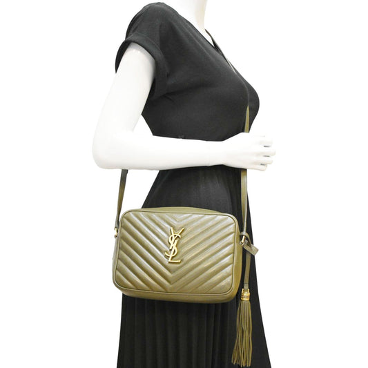 YSL Saint Laurent Yves Lou Chevron Camera Crossbody Bag Olive Leather