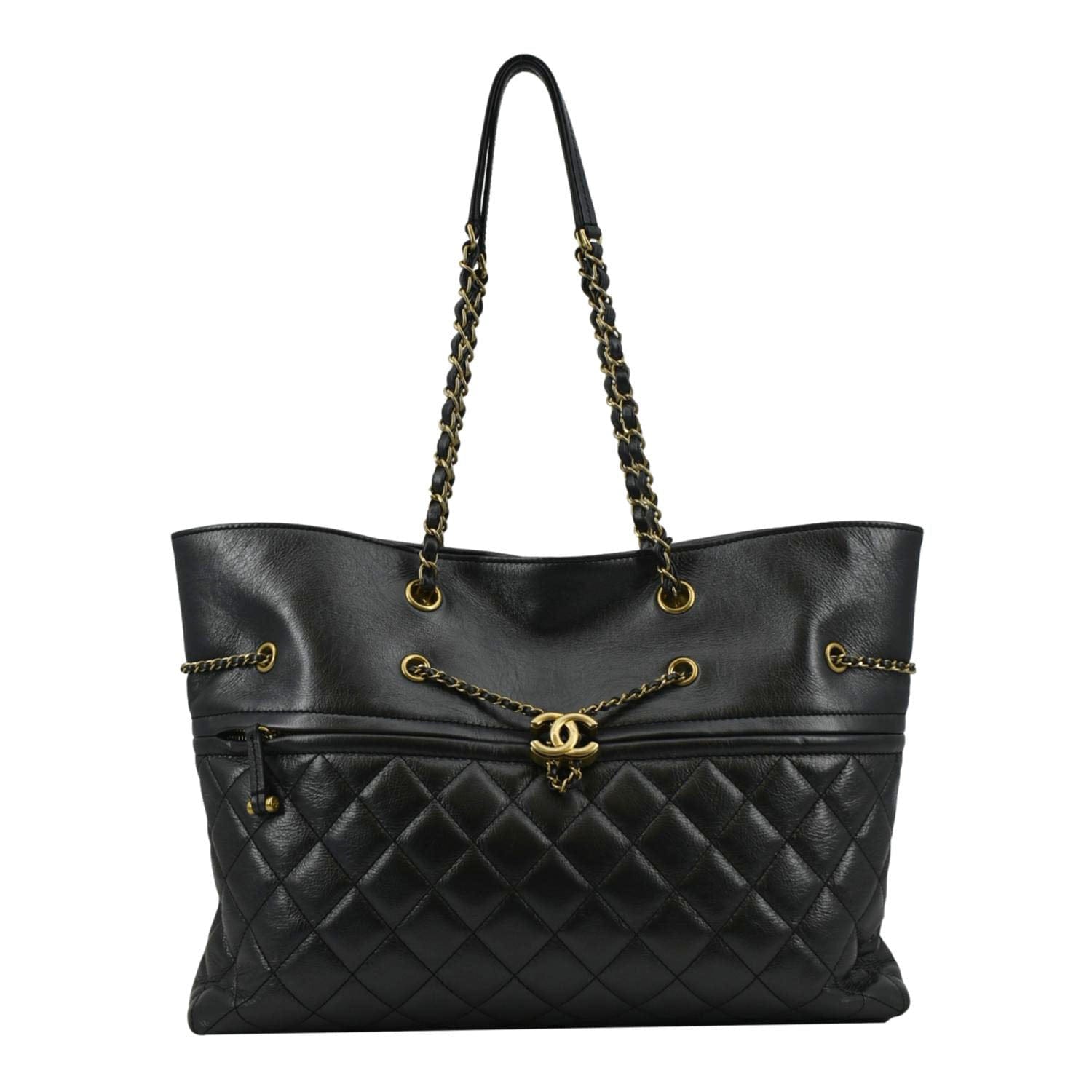 Chanel Front CC Drawstring Quilted Shopping Leather Grey Jewelry