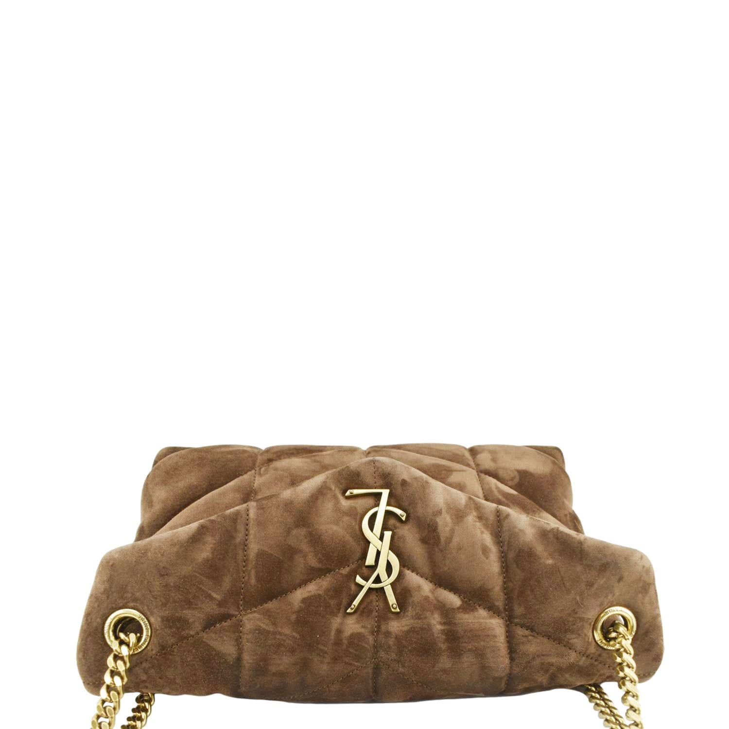 YSL Saint Laurent Yves Loulou Puffer Shoulder Bag Suede Quilted Brown