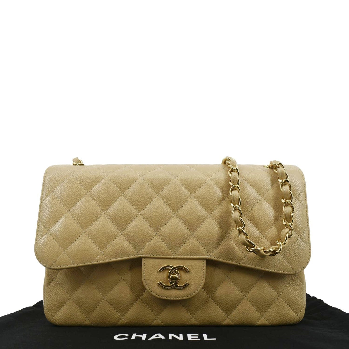 Chanel Classic Jumbo Double Flap Quilted Leather Beige Travel Bag Flap 1
