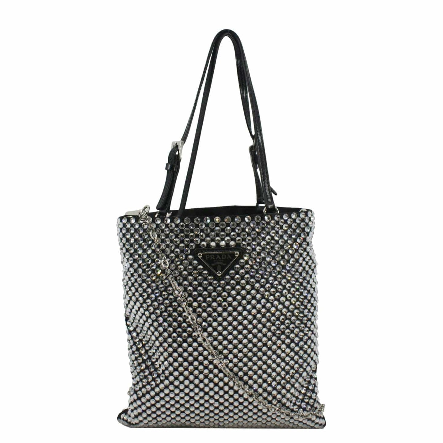 Prada Flat Crystal Embellished Tote Bag Satin Silver Mini Shoes