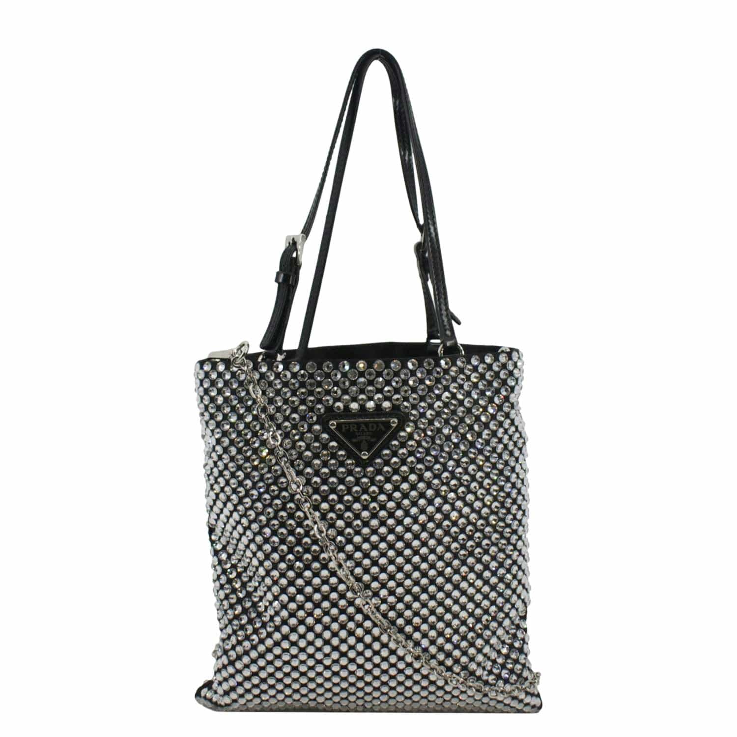 Prada Flat Crystal Embellished Tote Bag Satin Silver Mini Shoes