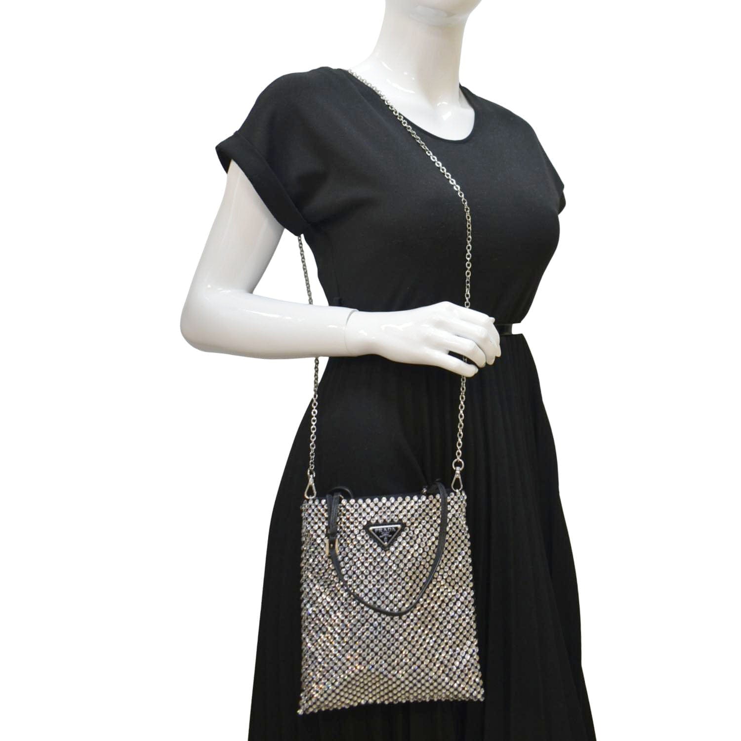 Chain Flat Crystal Embellished Tote Bag Satin Silver Shoes