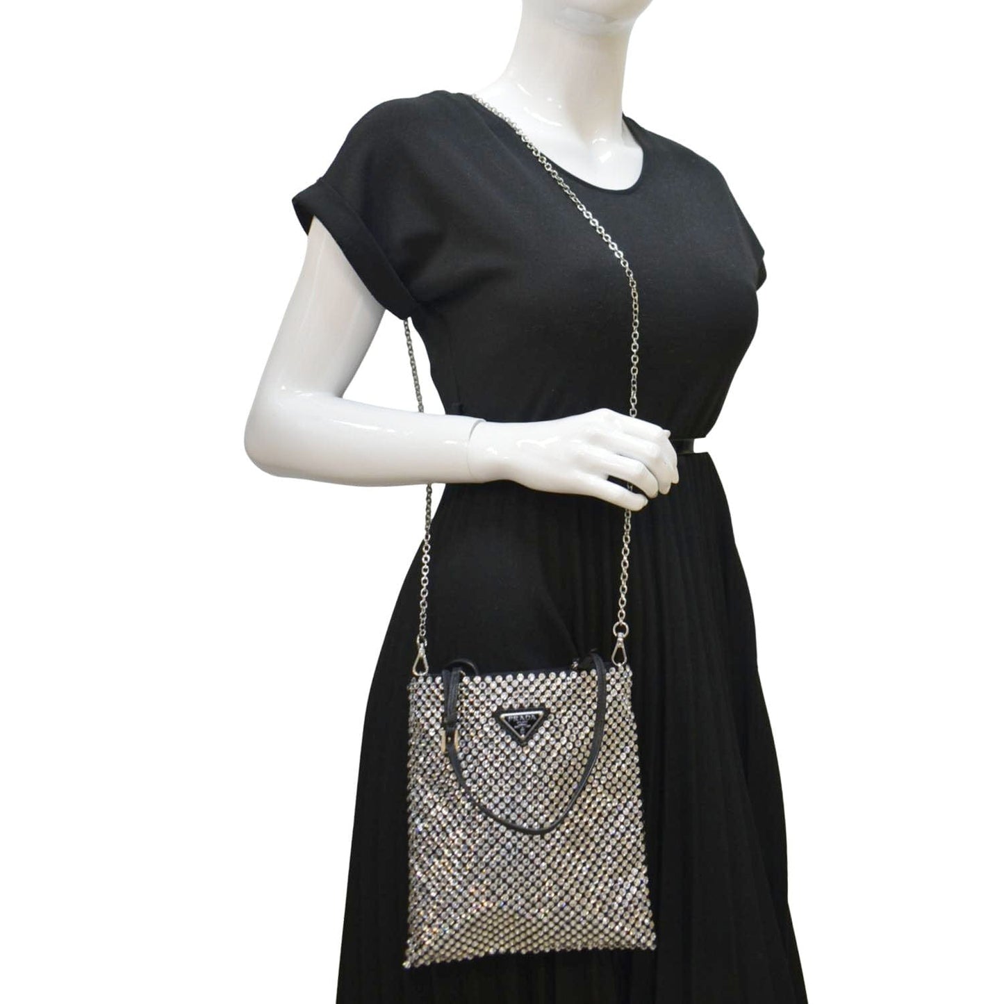 Prada Flat Crystal Embellished Tote Bag Satin Silver Mini Shoes