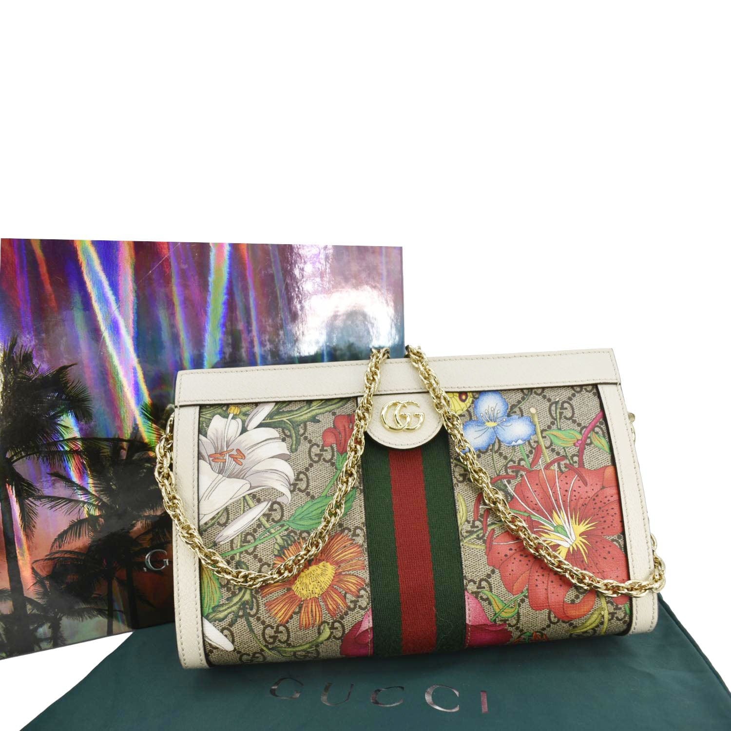 Gucci Ophidia Web Floral Chain Shoulder Bag Canvas Beige