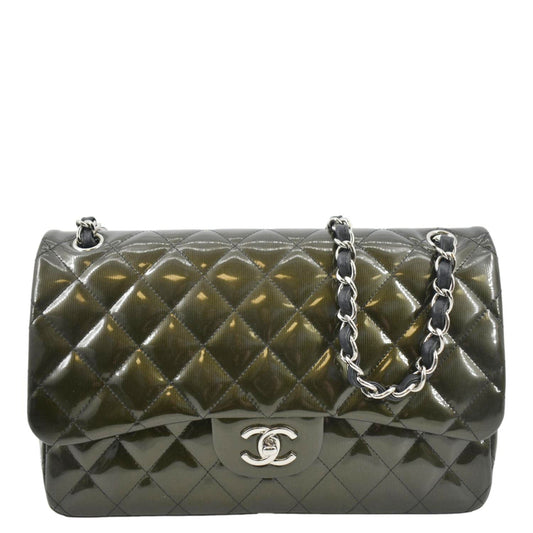 Chanel Jumbo Flap Striated Quilted Patent Leather Shoulder Bag Green