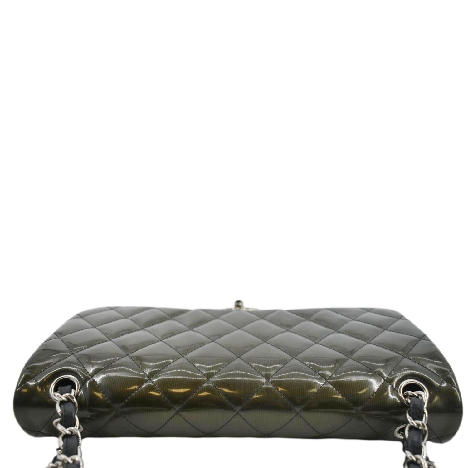 Chanel Jumbo Flap Striated Quilted Patent Leather Shoulder Bag Green