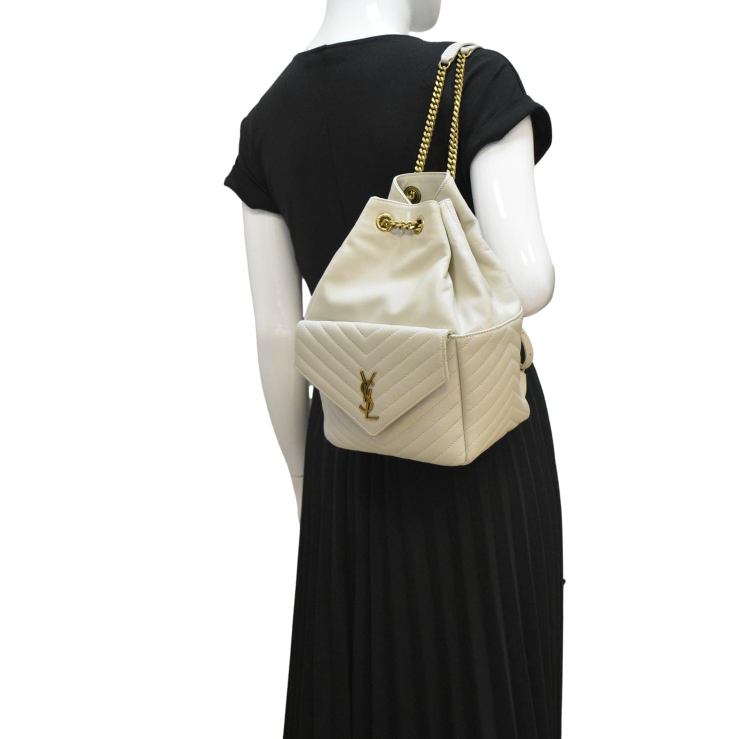 YSL Saint Laurent Yves Joe Drawstring Backpack Bag Off Leather White