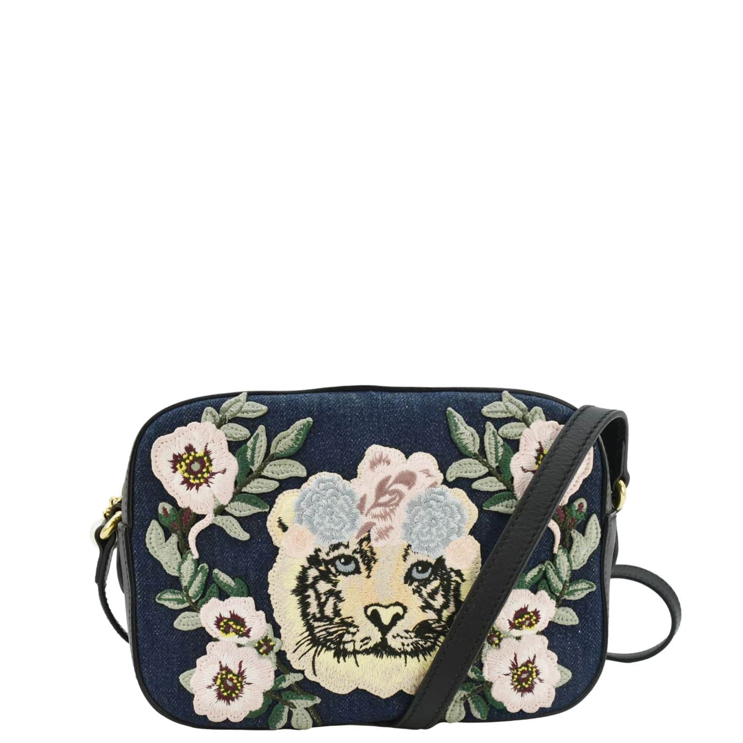 Gucci Embroidered Camera Crossbody Bag Denim Blue