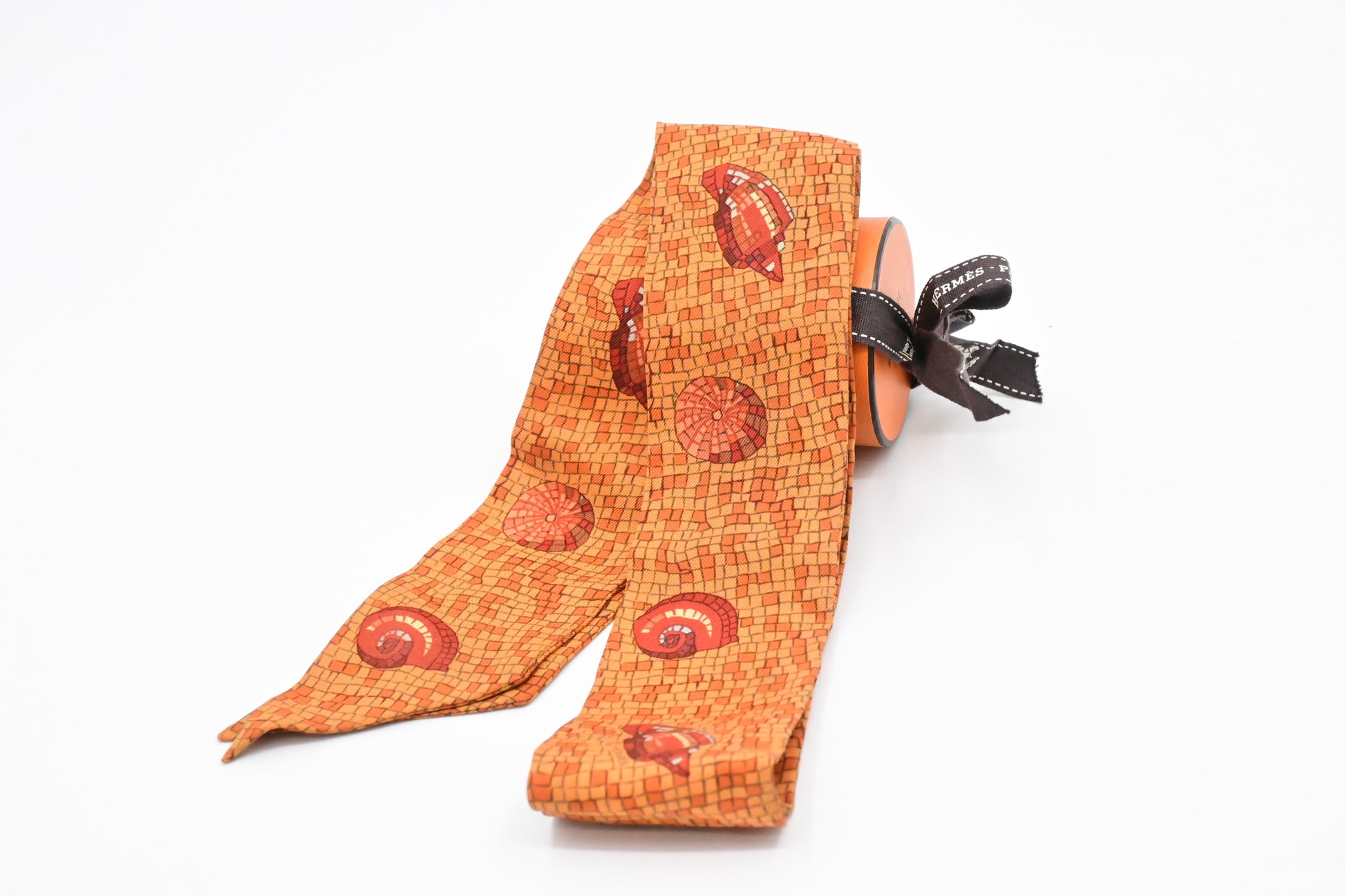 Hermes 'Mosaic Seashells' Twilly In Orange Silk Handbag Travel Bag