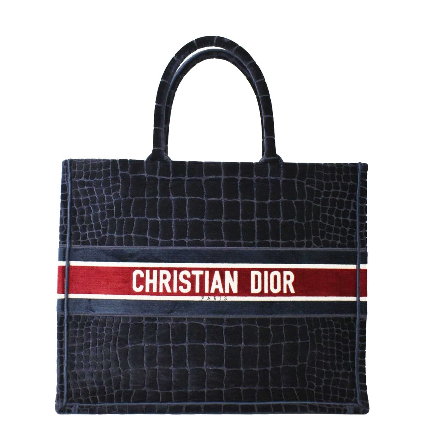 Dior Book Velvet Tote Bag Navy Large Embossed